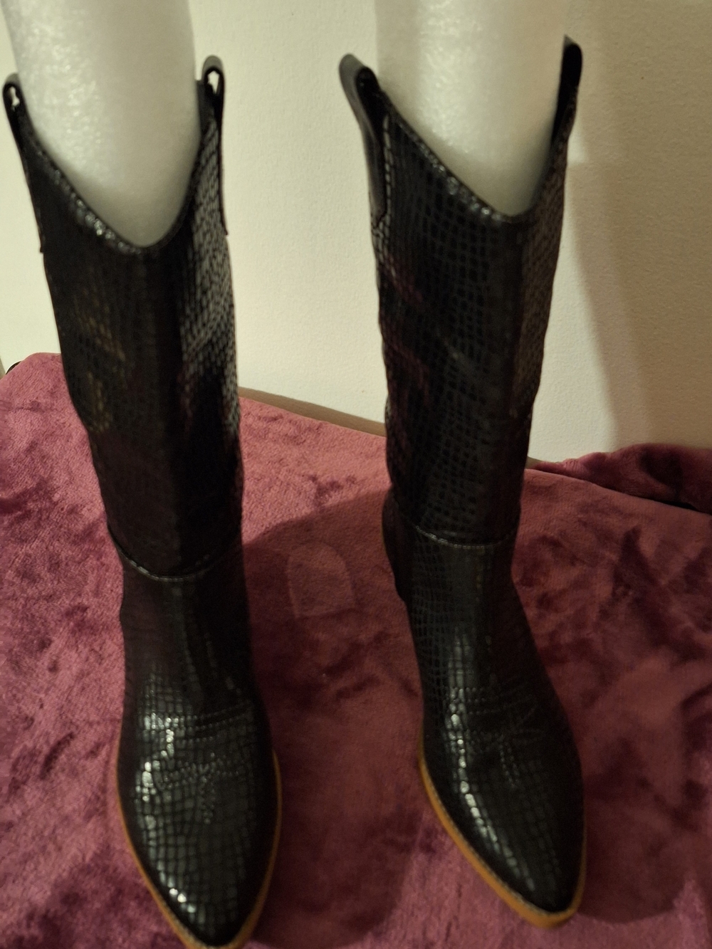 Wonderly Black Croc-Embossed Pointed-Toe Knee Boots